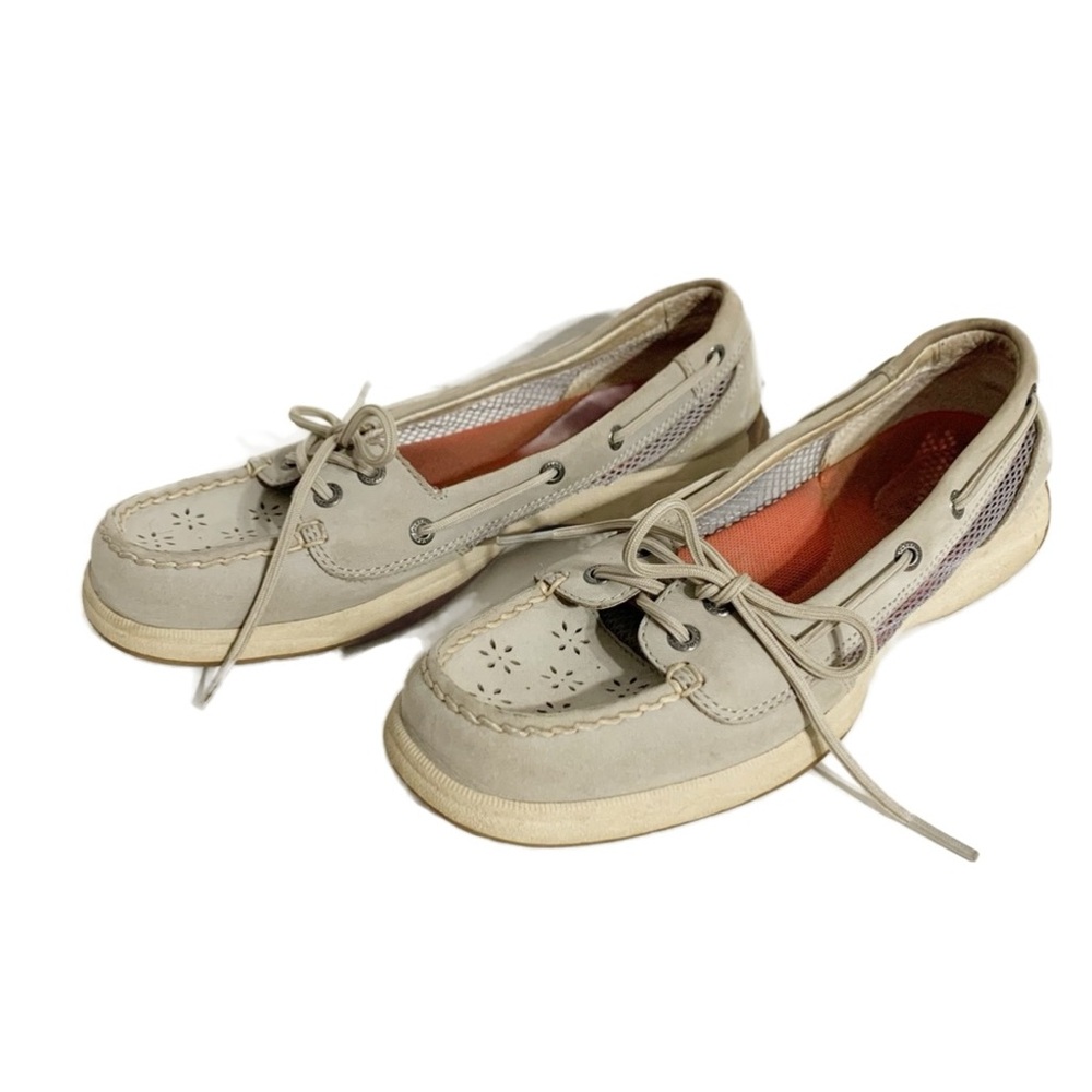 Sperry Leather Top Siders Boat Shoes Perforated Flower Design Slip On Gray 🩶